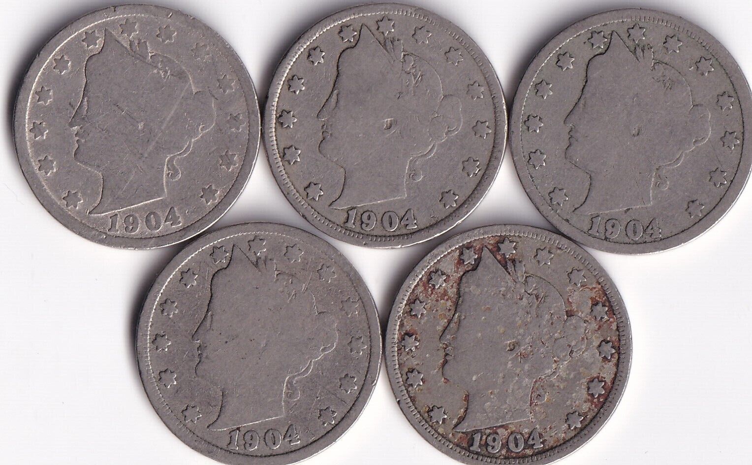 USA 1904 5c Liberty Head Nickel Lot Of Five Harder Date