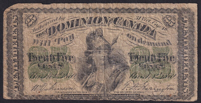 Dominion of Canada 1870 25 Cent Shinplaster Plain Dickinson-Harington Nice Note