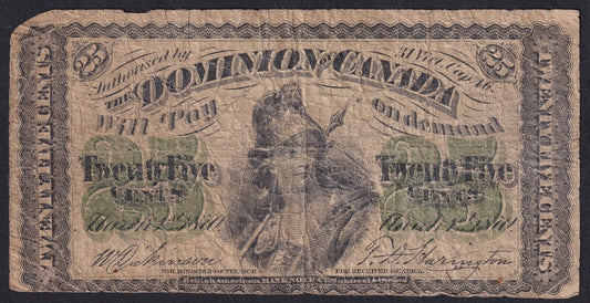 Dominion of Canada 1870 25 Cent Shinplaster Plain Dickinson-Harington Nice Note