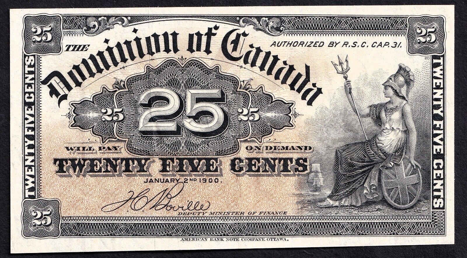 1900 Dominion of Canada 25c Shinplaster Note Boville - Nice Details