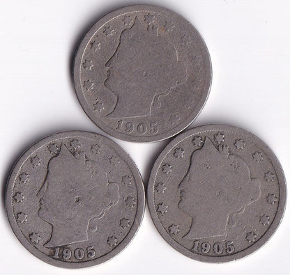 USA 1905 5c Liberty Head Nickels Lot Of Three Harder Date