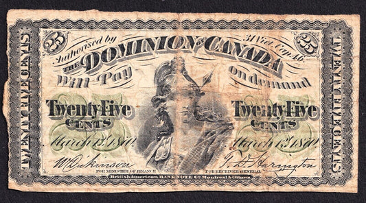 Dominion of Canada 1870 25 Cent Shinplaster Plain Dickinson-Harington