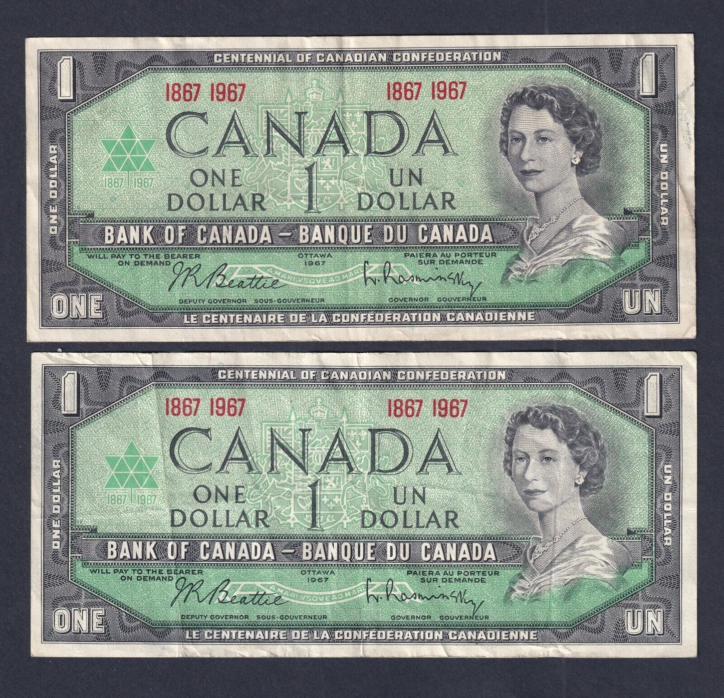 Canada 1967 $1 One Dollar Banknote Lot Of Two Beattie-Raminsky (Nicer Grades)