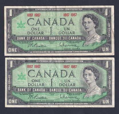 Canada 1967 $1 One Dollar Banknote Lot Of Two Beattie-Raminsky (Nicer Grades)