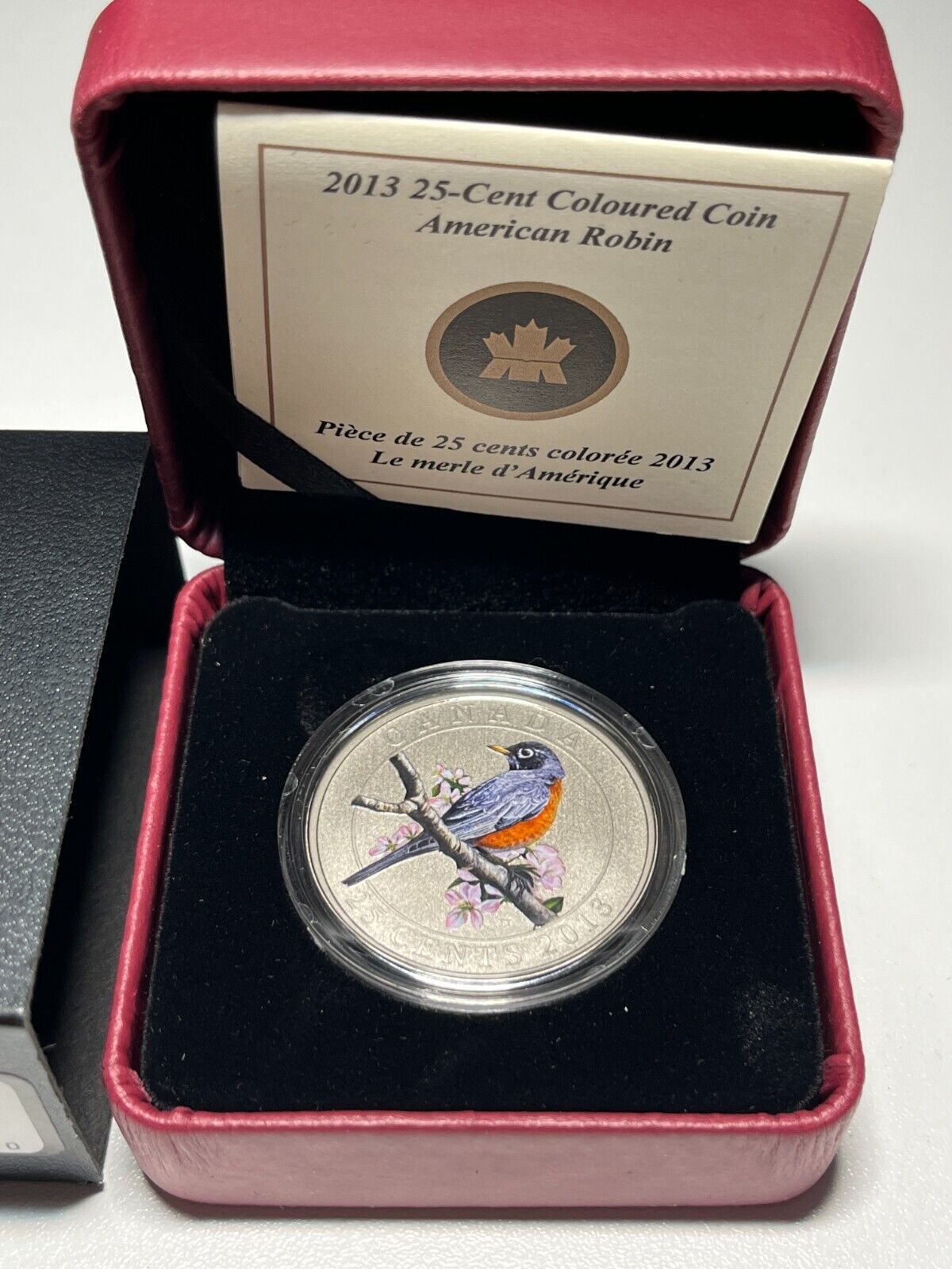 2013 Canada 25 Cents Coin - American Robin - Coloured Coin With Box + COA