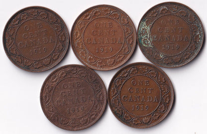 Canada 1919 1 Cent Lot of Five Large Cents King George V Coins Harder Date