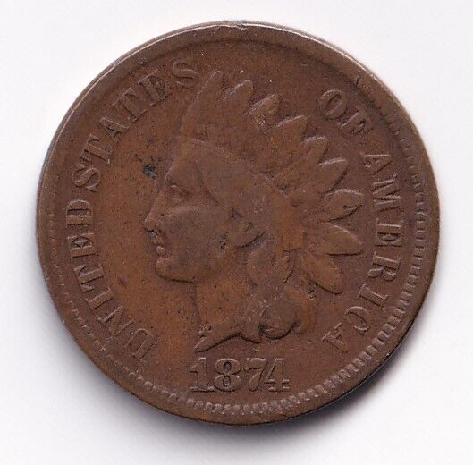 United States USA 1874 1c One Cent Indian Head Penny Bronze Coin Good