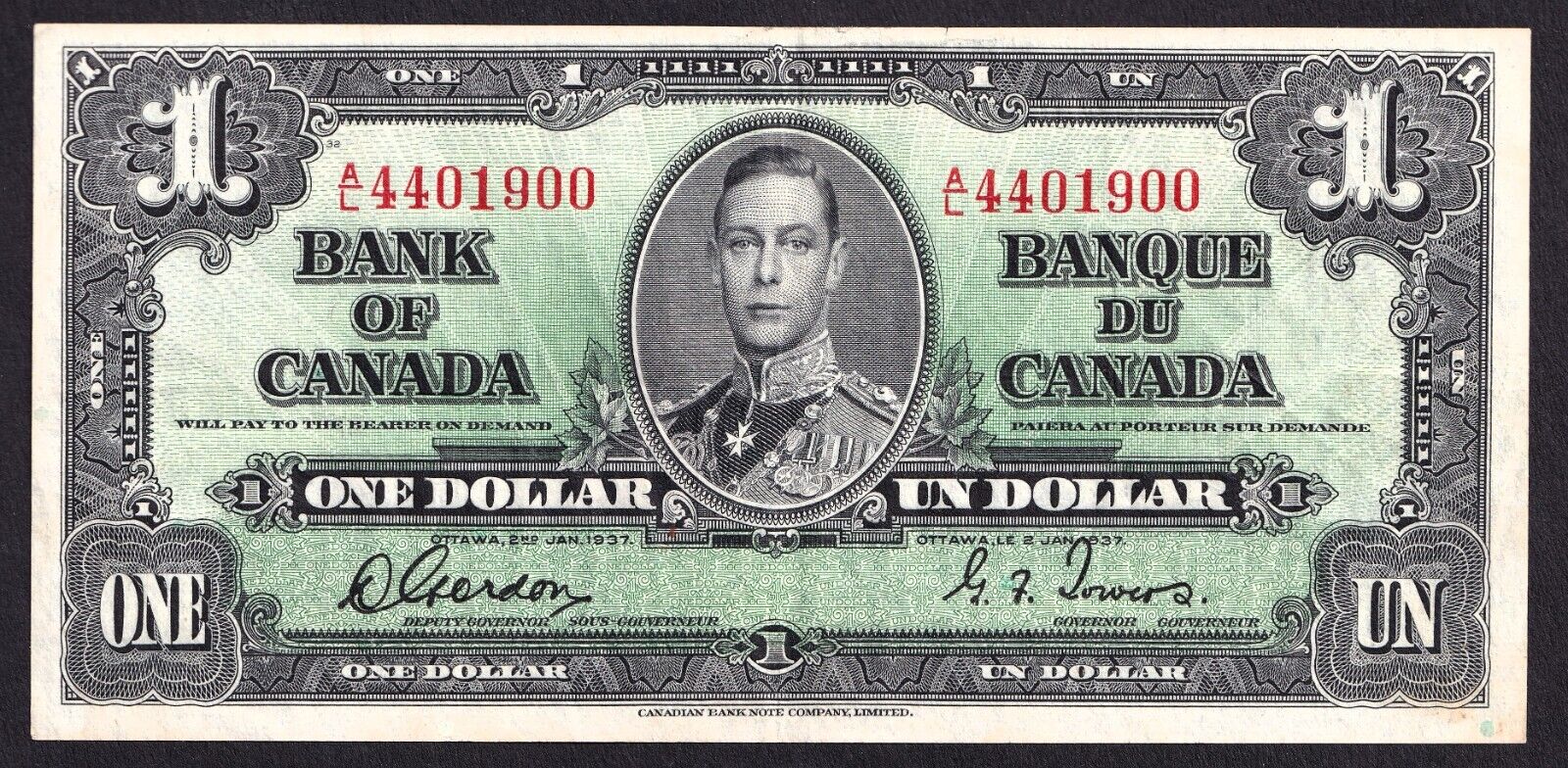 Canada 1937 $1 One Dollar Banknote Gordon - Towers A/L 4401900