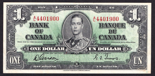 Canada 1937 $1 One Dollar Banknote Gordon - Towers A/L 4401900