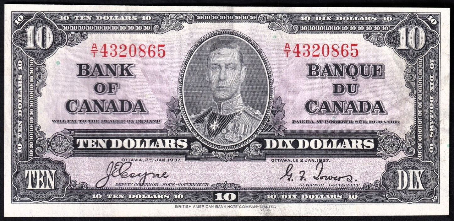 Canada 1937 $10 Ten Dollar Banknote Coyne - Towers A/T 4320865