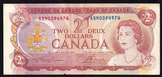 Canada 1974 $2 Two Dollar Banknote Lawson - Bouey ABM 0394974