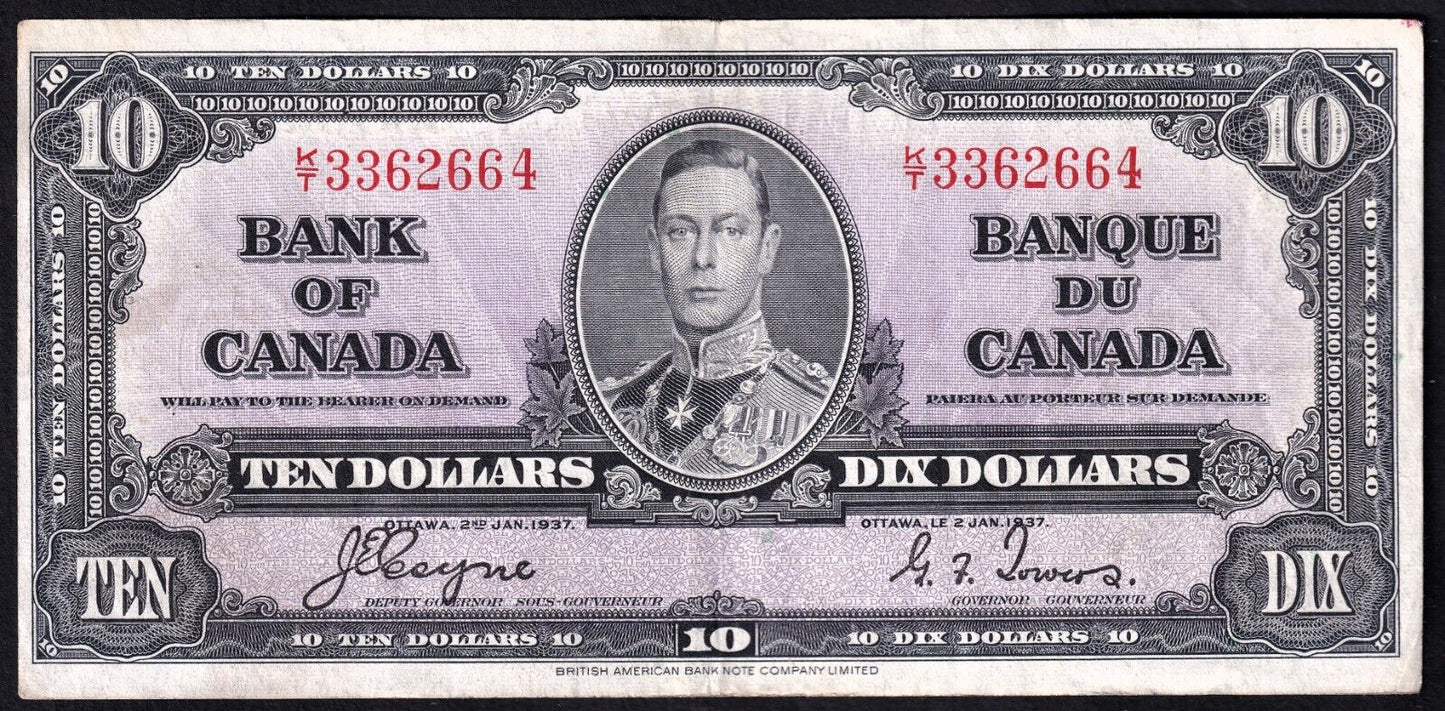 Canada 1937 $10 Ten Dollar Banknote Coyne - Towers K/T 3362664