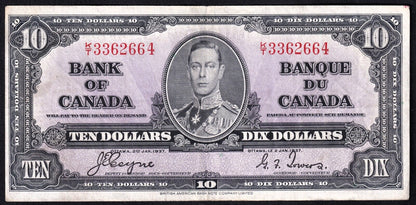 Canada 1937 $10 Ten Dollar Banknote Coyne - Towers K/T 3362664