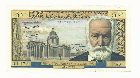 FRANCE 1959-65 5 NOUVEAUX FRANCS '' Victor Hugo '' P#141a  Very Fine!