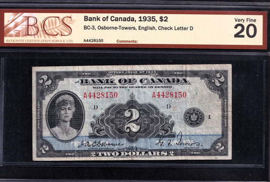 1935 Bank of Canada $2 - Canada’s First Banknote Series A BCS VF-20