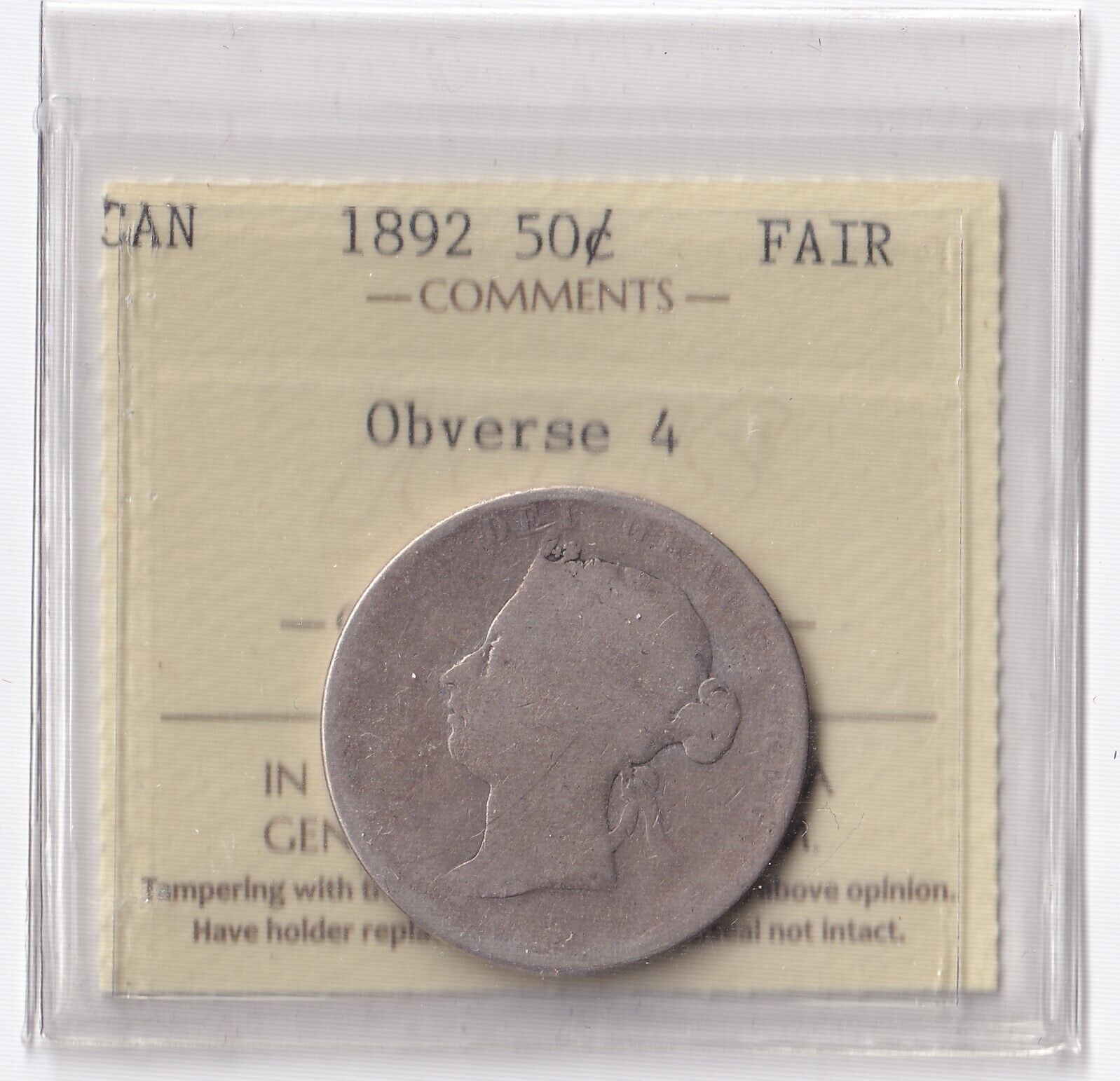 Canada 1892 Fifty Cent 50c Silver Coin ICCS Graded FAIR .925 Silver Obverse 4