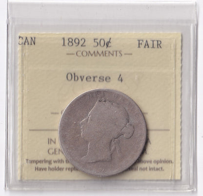 Canada 1892 Fifty Cent 50c Silver Coin ICCS Graded FAIR .925 Silver Obverse 4