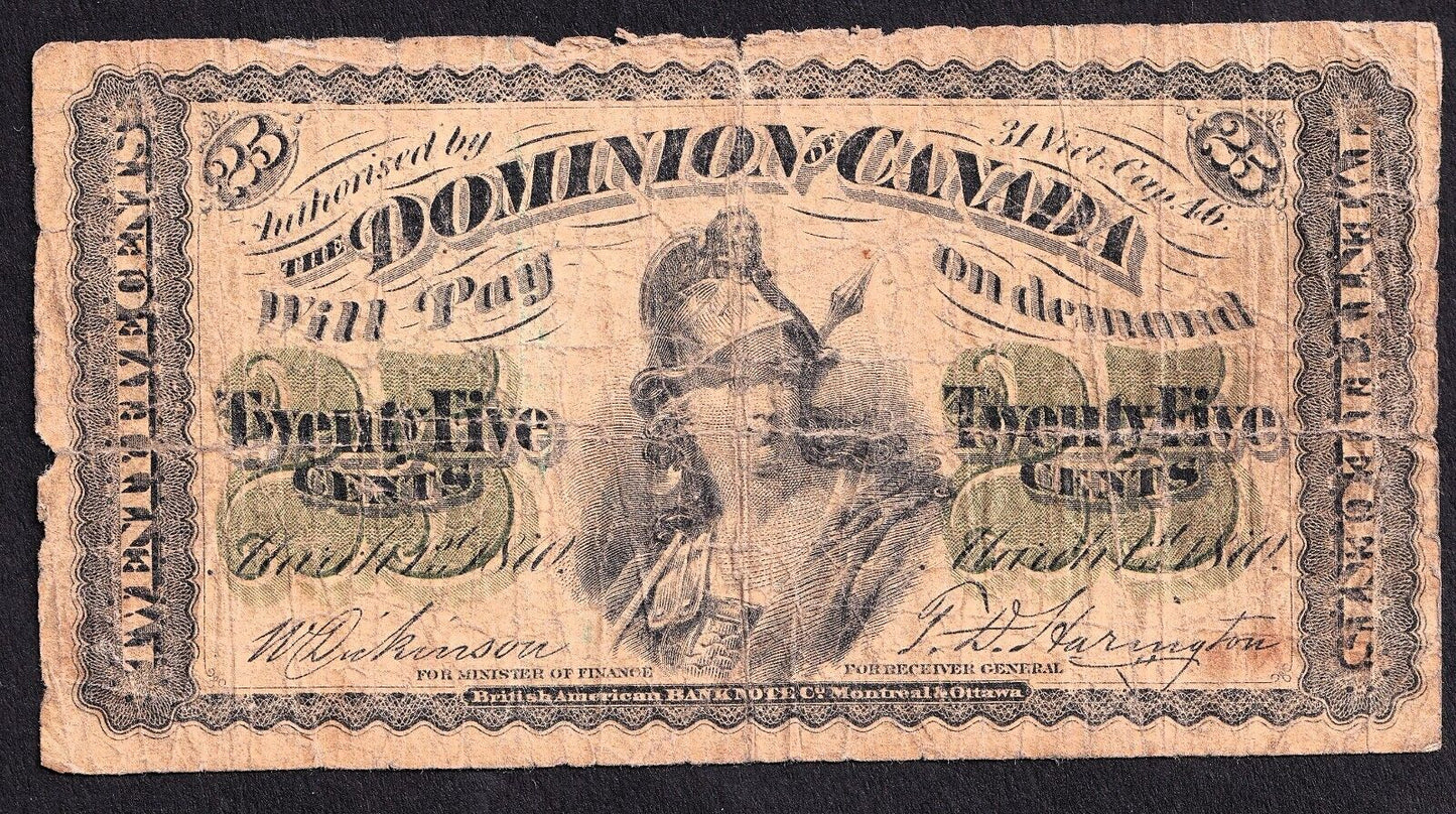 Dominion of Canada 1870 25 Cent Shinplaster Plain Dickinson-Harington