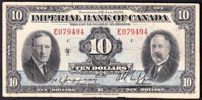 Imperial Bank Of Canada 1939 $10 Ten Dollar Banknote E 079494