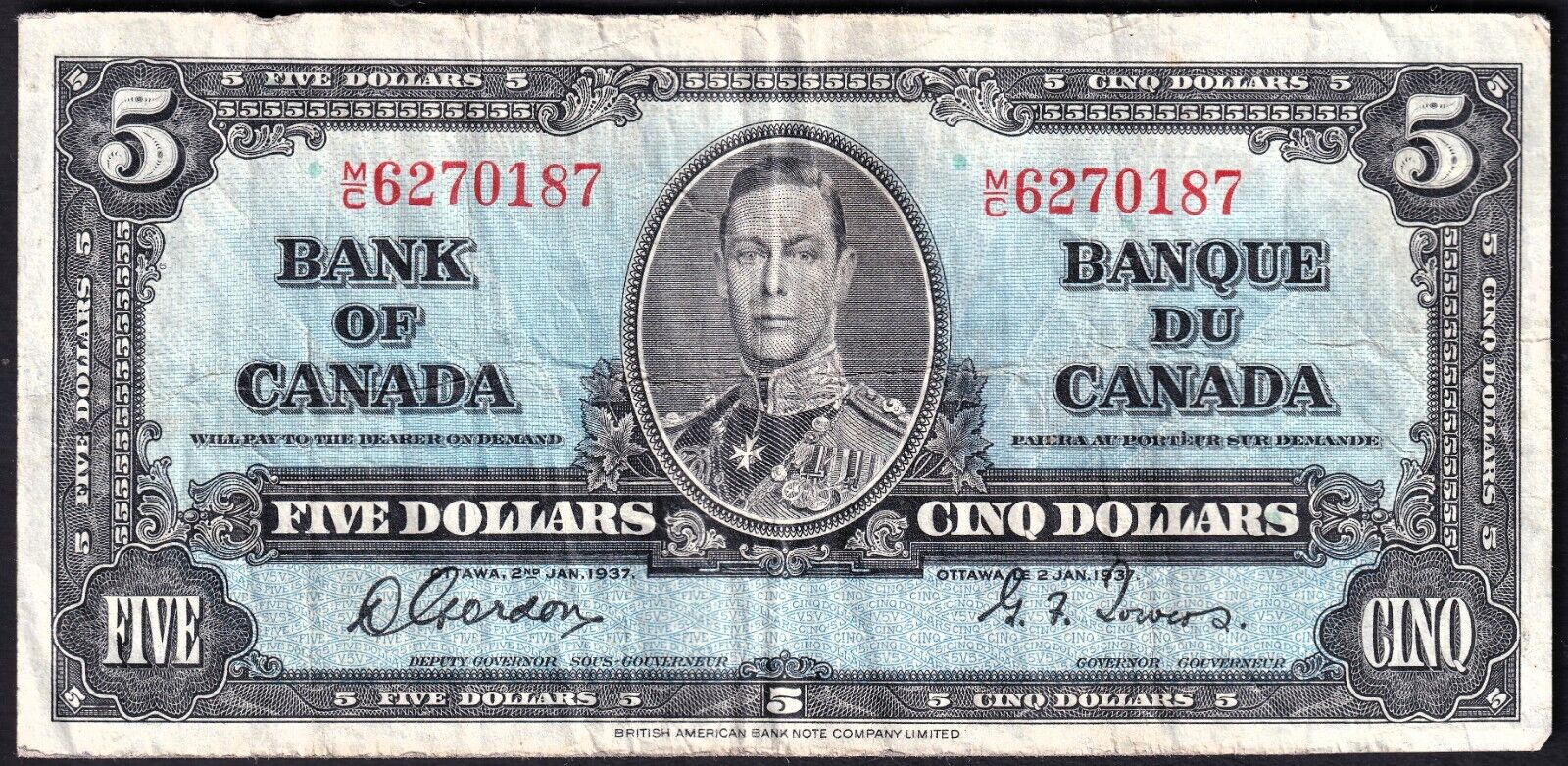 Canada 1937 $5 Five Dollar Banknote Gordon - Towers M/C 6270187