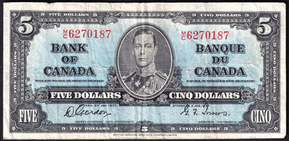 Canada 1937 $5 Five Dollar Banknote Gordon - Towers M/C 6270187