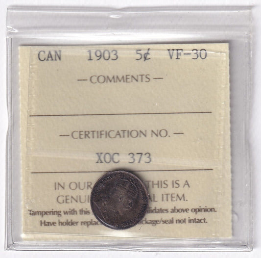 Canada 1903 Five Cent 5c Silver Coin ICCS Graded Very Fine VF 30 .925 Silver