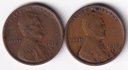 United States 1916 Wheat Pennys Mint Marks D and S Denver Philadelphia Lot Of 2