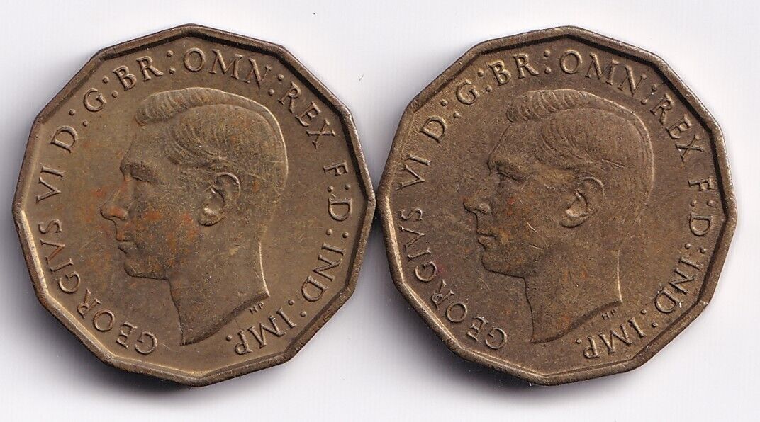 Great Britain Lot Of 2 - 1937 + 1942 3 Pence Brass Coins KM #849 King George VI