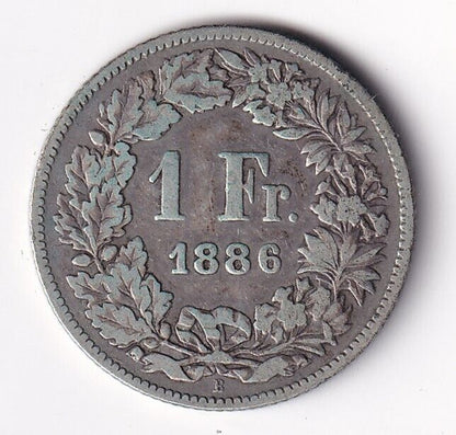 1886-B Switzerland Silver Franc Nice Detailed Old Helvetia Standing Coin