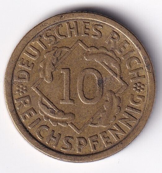 Germany 1933 G Ten Reich Rentenpfenning Mint Mark G World Coin