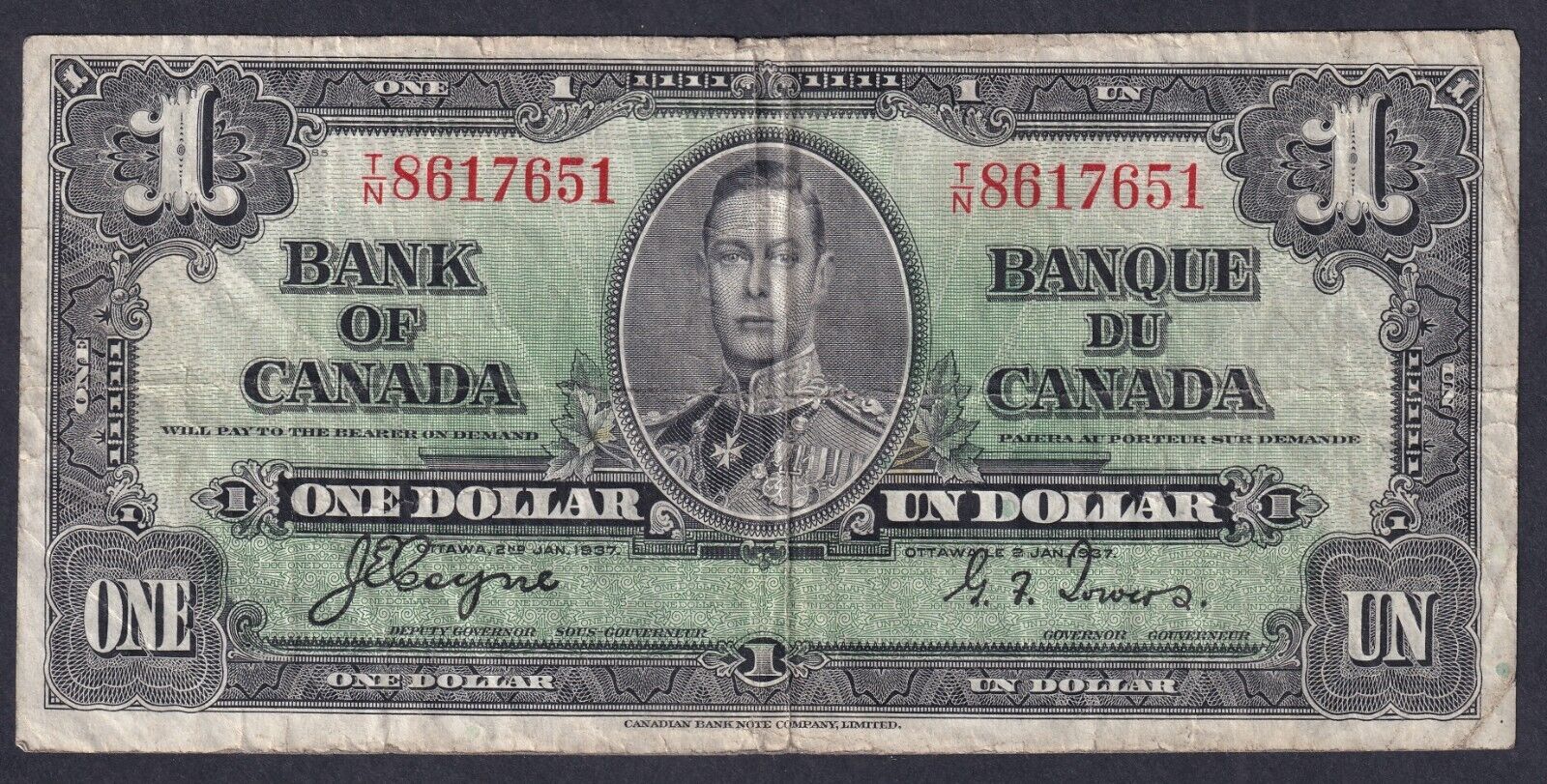 Canada 1937 $1 One Dollar Banknote Coyne - Towers