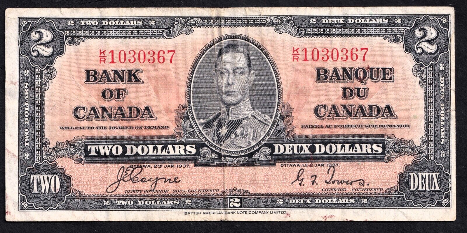 Canada 1937 $2 Two Dollar Banknote Coyne - Towers K/R 1030367