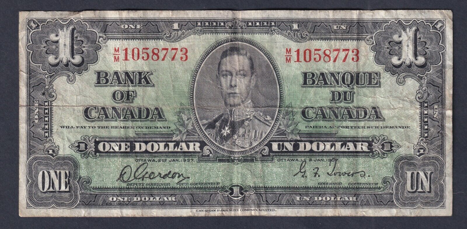 Canada 1937 $1 One Dollar Banknote Gordon-Towers