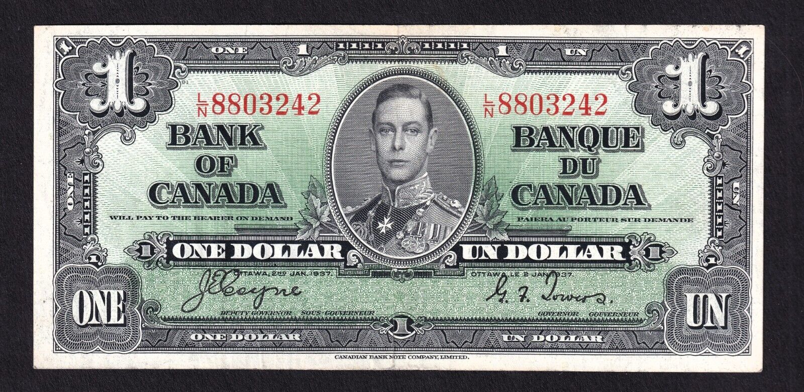 Canada 1937 $1 One Dollar Banknote Coyne - Towers L/N 8803242