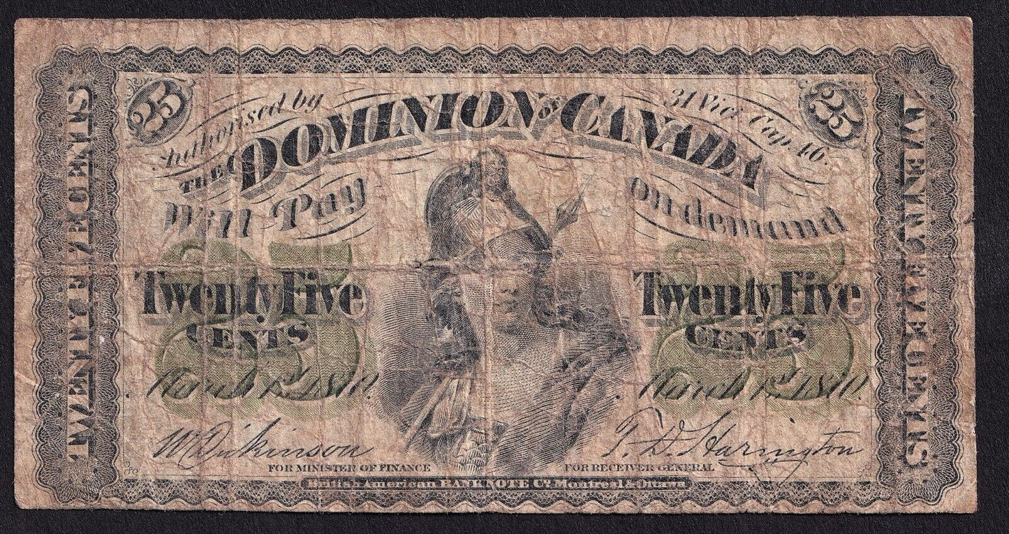 Dominion of Canada 1870 25 Cent Shinplaster Plain Dickinson-Harington Nice Note