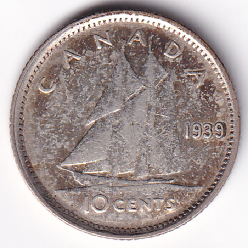 Canada 1939 10C 10 Cents RE-ENG King George VI .800 Silver Coin