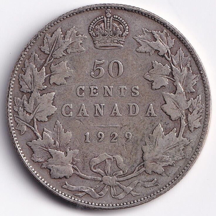 1929 Canada 50 Fifty Cents King George V .925 Silver F