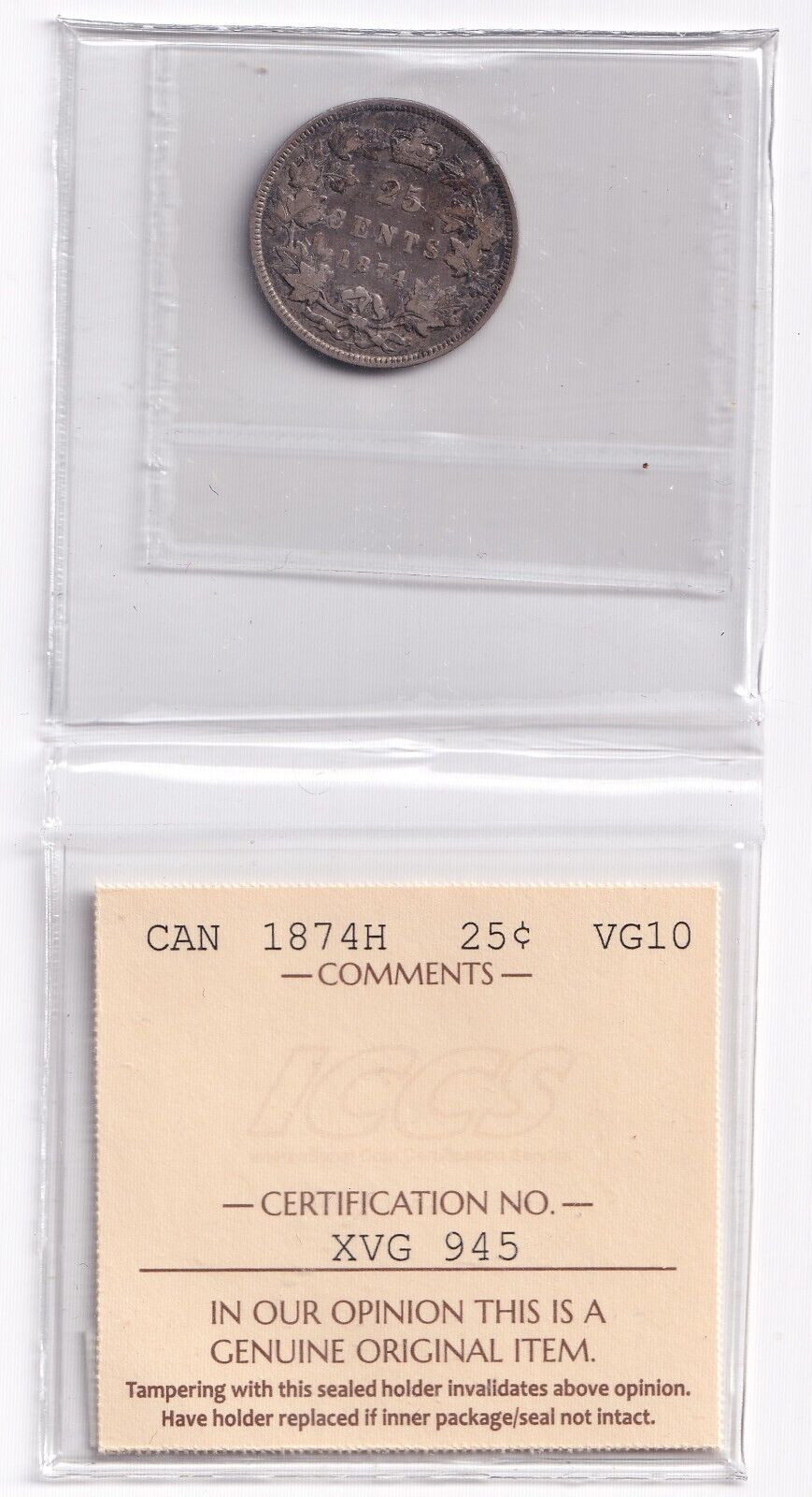 Canada 1874 H Twenty Five Cent 25c Silver Coin ICCS Graded VG 10 .925 Silver