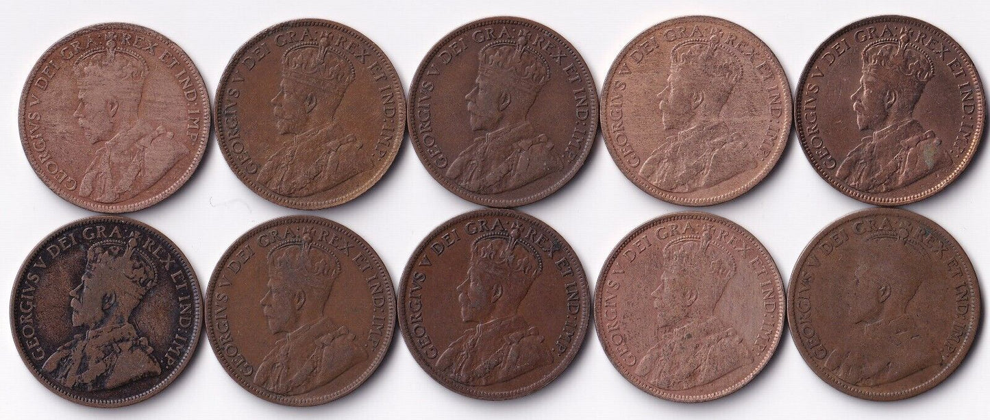 Canada 1916 1 Cent Lot Of Ten Large Cents King George V Coins