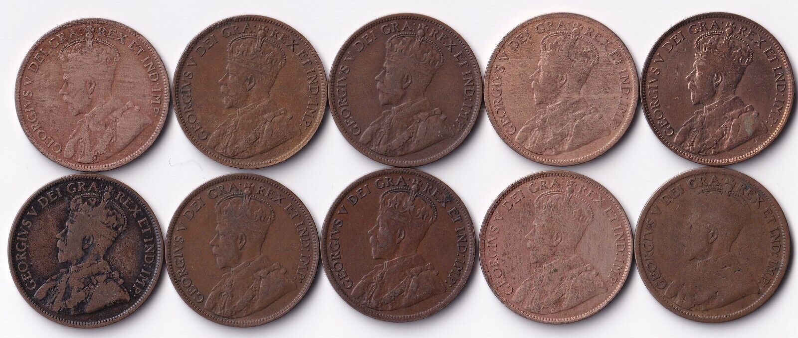 Canada 1916 1 Cent Lot Of Ten Large Cents King George V Coins