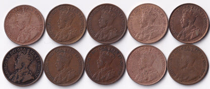 Canada 1916 1 Cent Lot Of Ten Large Cents King George V Coins