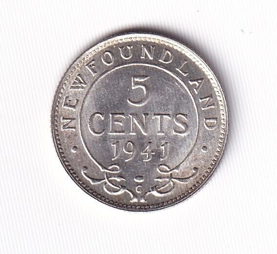 Newfoundland 1941 Five Cent 5c Silver Coin King George VI .800 Silver