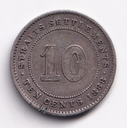 1888 Straits Settlements 10 Ten Cents Silver Coin Victoria Old Coin Nice Grade