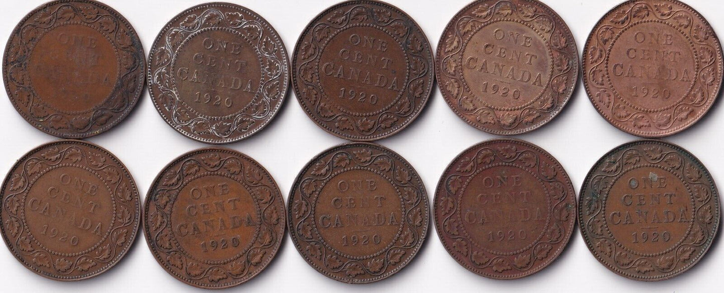 Canada 1920 1 Cent Lot of Ten Large Cents King George V Coins Harder Date