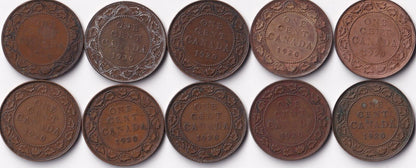 Canada 1920 1 Cent Lot of Ten Large Cents King George V Coins Harder Date