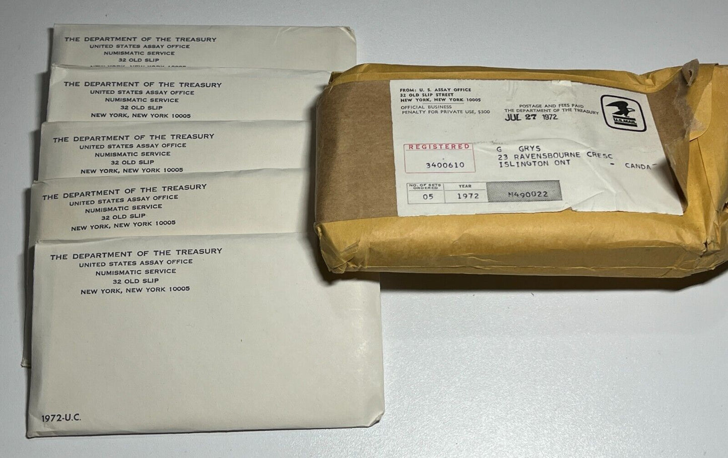 1972  5x USA Proof Sets In USPS Envelope From United States Mint