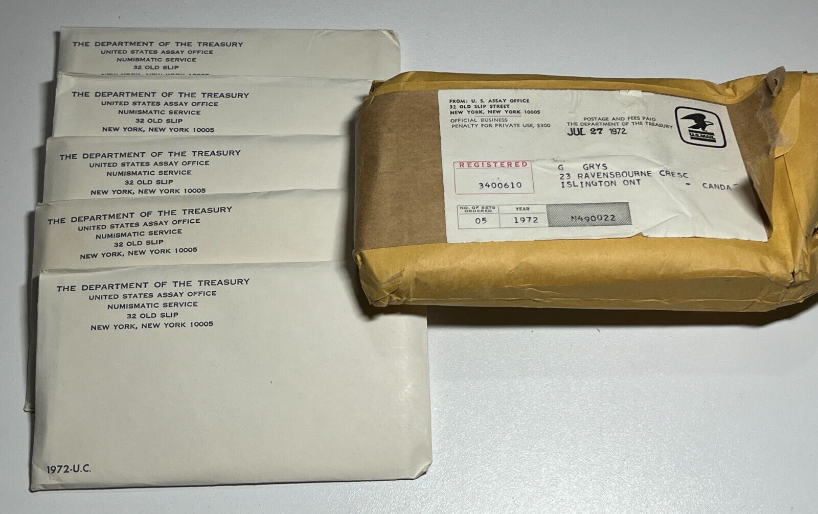 1972  5x USA Proof Sets In USPS Envelope From United States Mint