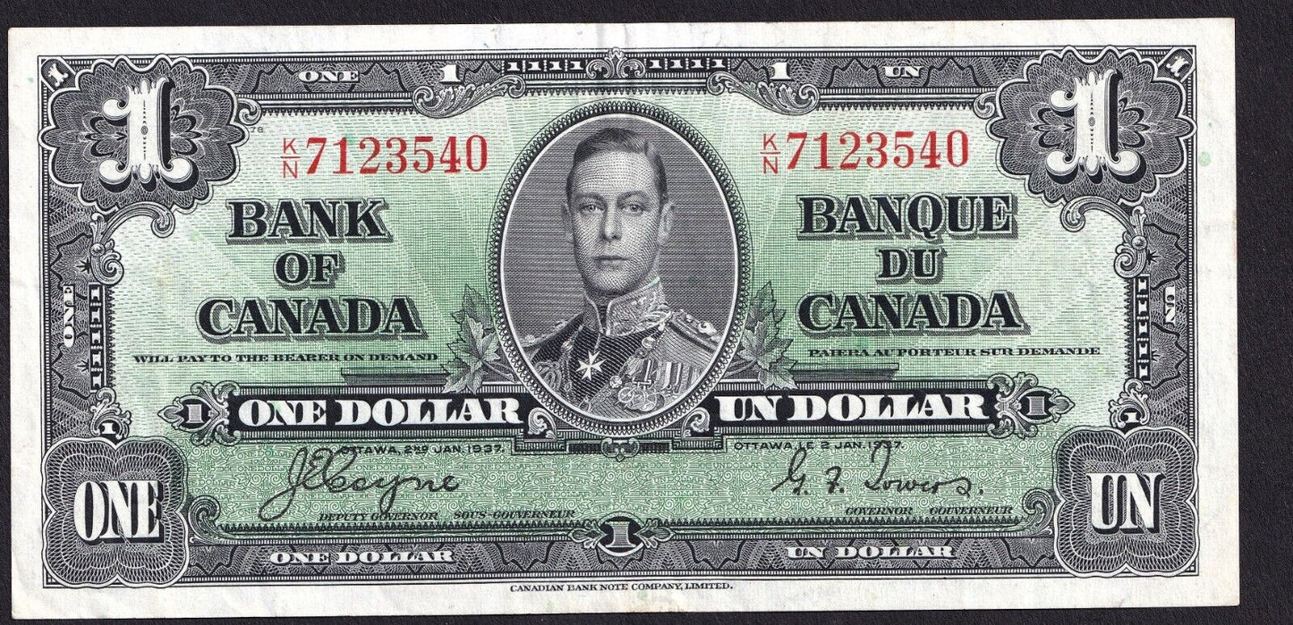 Canada 1937 $1 One Dollar Banknote Coyne - Towers K/N 7123540