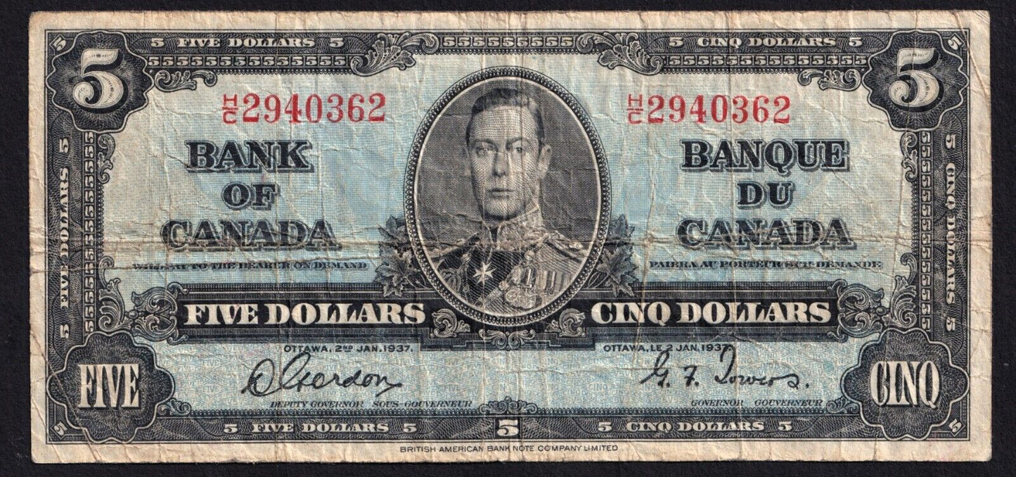 1937 Bank Of Canada $5 Five Dollar Banknote Gordon - Towers H/C 2940362