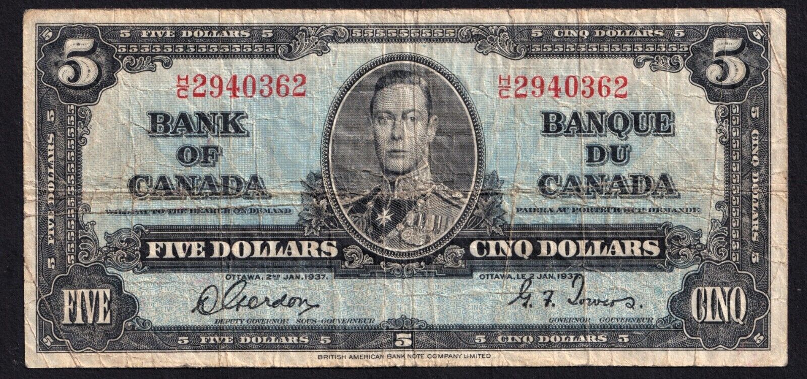 1937 Bank Of Canada $5 Five Dollar Banknote Gordon - Towers H/C 2940362